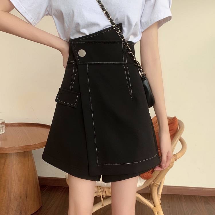 Quần váy nữ cạp cao lệch eo chỉ nổi giả váy công sở thanh lịch / skort topstitiched