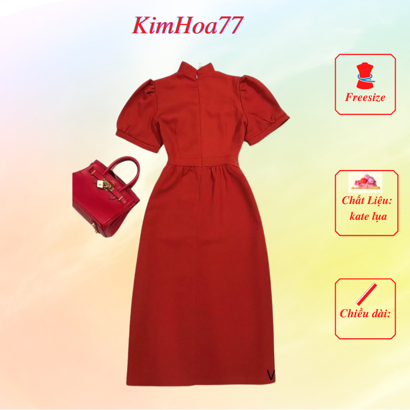 Váy body đầm nữ dự tiệc freesize chất kate lụa cổ kiểu nút bọc màu đỏ kimhoa77