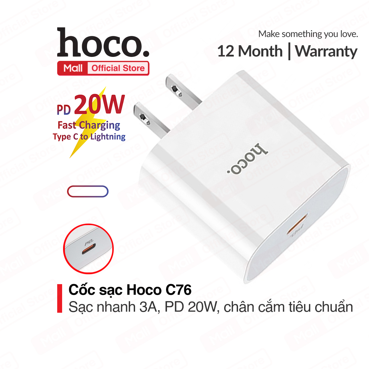 Củ sạc nhanh 20W Hoco C76 1 cổng Type-C sạc nhanh 3.0A chân cắm chuẩn tiêu chuẩn ( CN )
