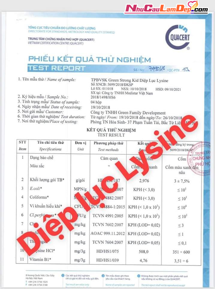 (Sale date 1/2025) Diệp Lục Lysine (Green Strong Kid) Hộp 30 gói