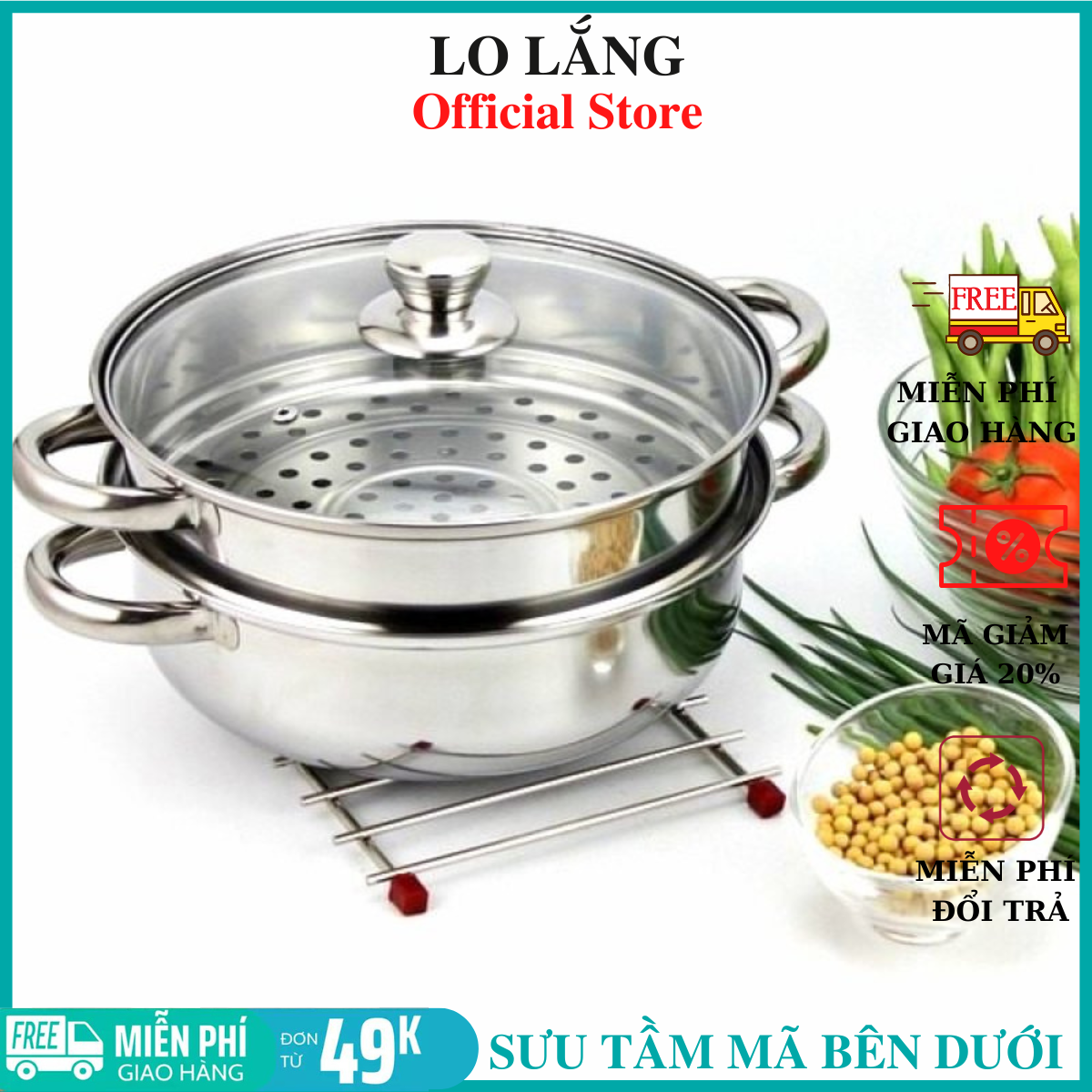 Bộ nồi và xửng hấp Five Star khuyến mãi 24cm dùng được mọi loại bếp - dày dặn inox 430 cao cấp không gỉ cao cấp