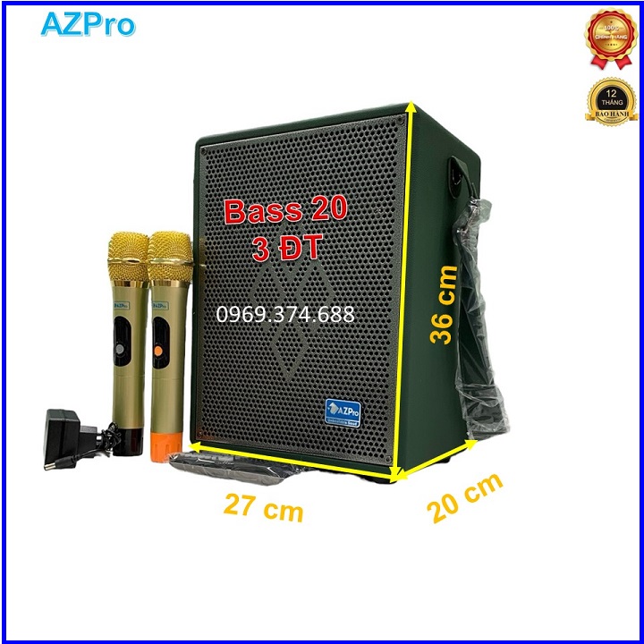 Loa Vali xách tay Bluetooth chính hãng AZPRO,AZ-268 Bass 20-3 đường tiếng thùng gỗ bọc da,Tặng 2 mic không dây vỏ kim loại