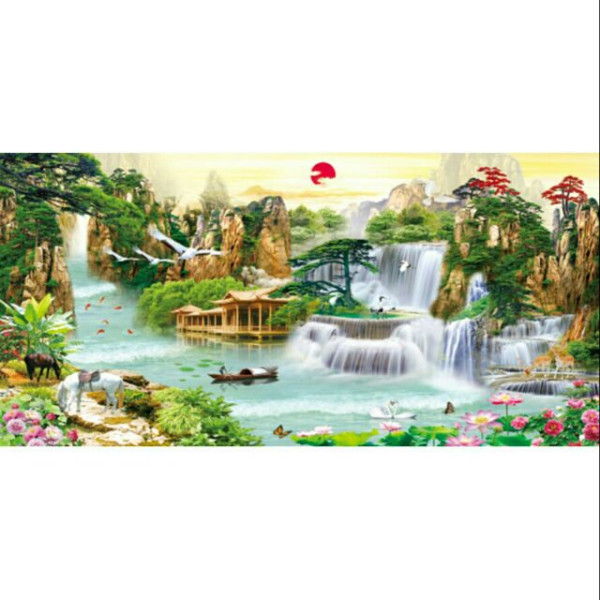 Tranh Đính Đá PHONG CẢNH LƯU THỦY HỮU TÌNH. Kích Thước: 1m2 x 59cm - 1m5 x 75cm- 2m x 95cm