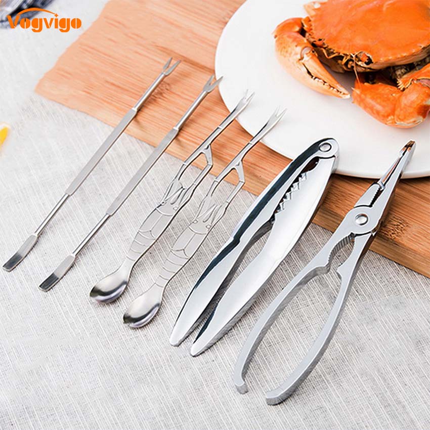 6pcs Stainless Steel Seafood Tool Sets Crab Crackers Picks Spoons Set Crab Peel Shrimp Tool Lobster Clamp Pliers Clip Pick Set