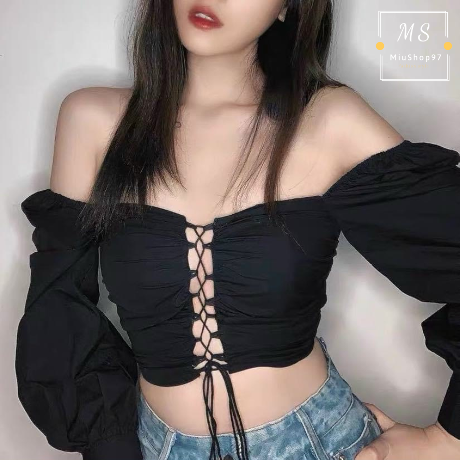 [HCM]Áo Croptop Đan Dây Tay Dài Daisy (TRẮNG+ĐEN)