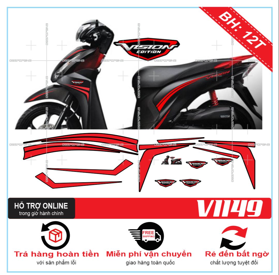TEM XE VISION 2014, TEM RỜI XE VISION 2014 2016 ĐỎ ĐEN NHÁM
