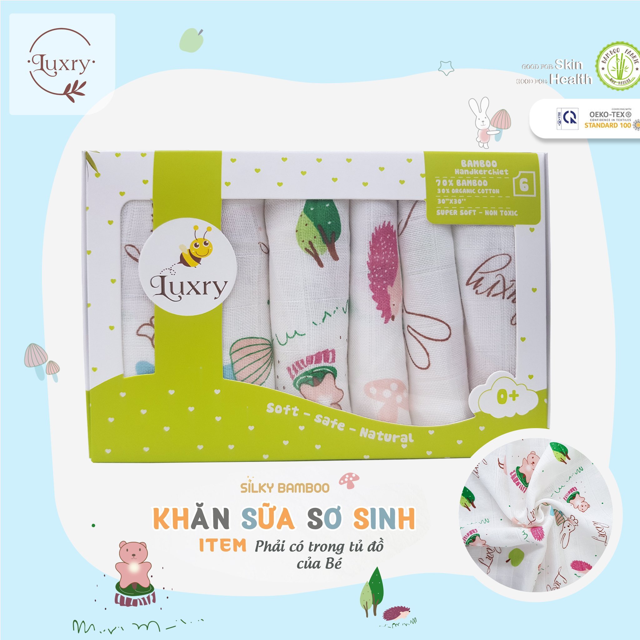 Khăn sữa 30x30cm, khăn tắm kích thước 70x75cm từ vải sợi tre cao cấp Luxry