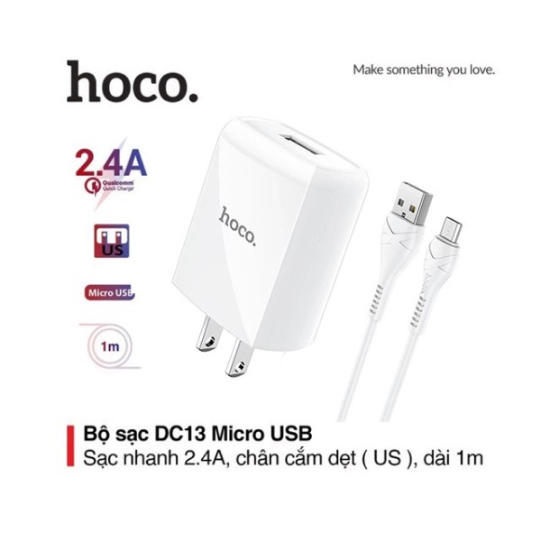 Bộ sạc nhanh 2.4A Hoco DC13 chân dẹt 1 cổng USB kèm dây Micro dài 1M cho Android