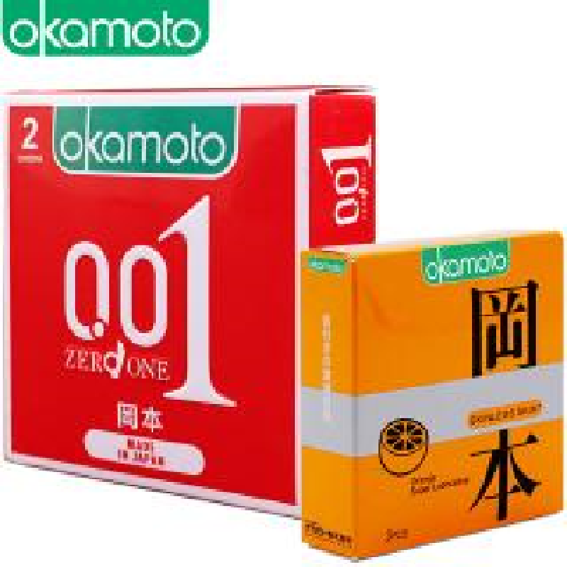 [ Tặng 1 hộp Cam 3 cái ] Bao Cao su Okamoto 0.01 PU Siêu mỏng Truyền Nhiệt Nhanh Hộp 2 Cái nhập khẩu