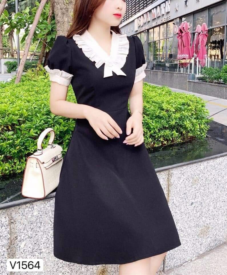 Đầm nữ dự tiệc màu đen phối cổ màu trắng