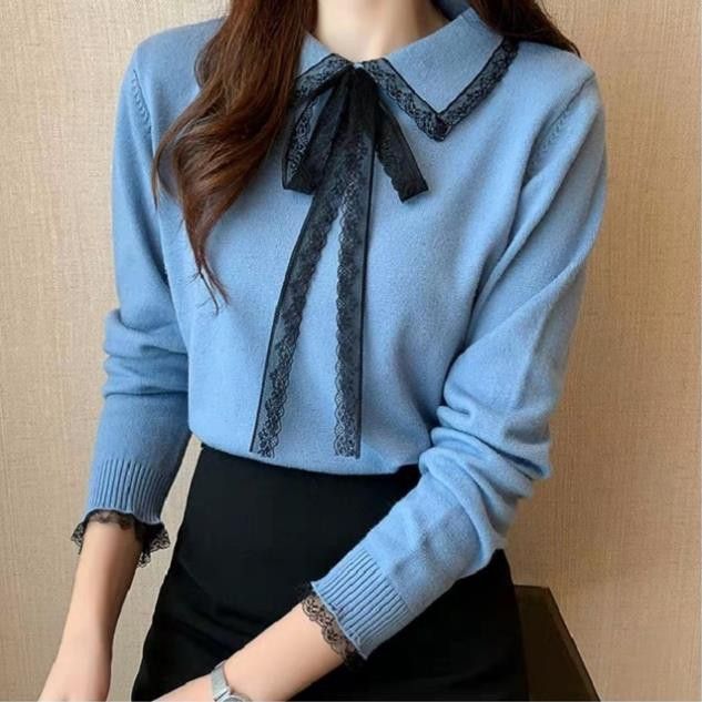Áo len cổ sen viền ren nơ mềm mịn