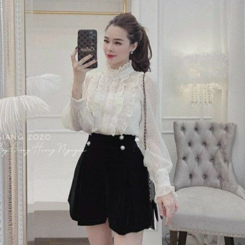 Áo sơ mi bánh bèo tiểu thư pha ren cổ trụ