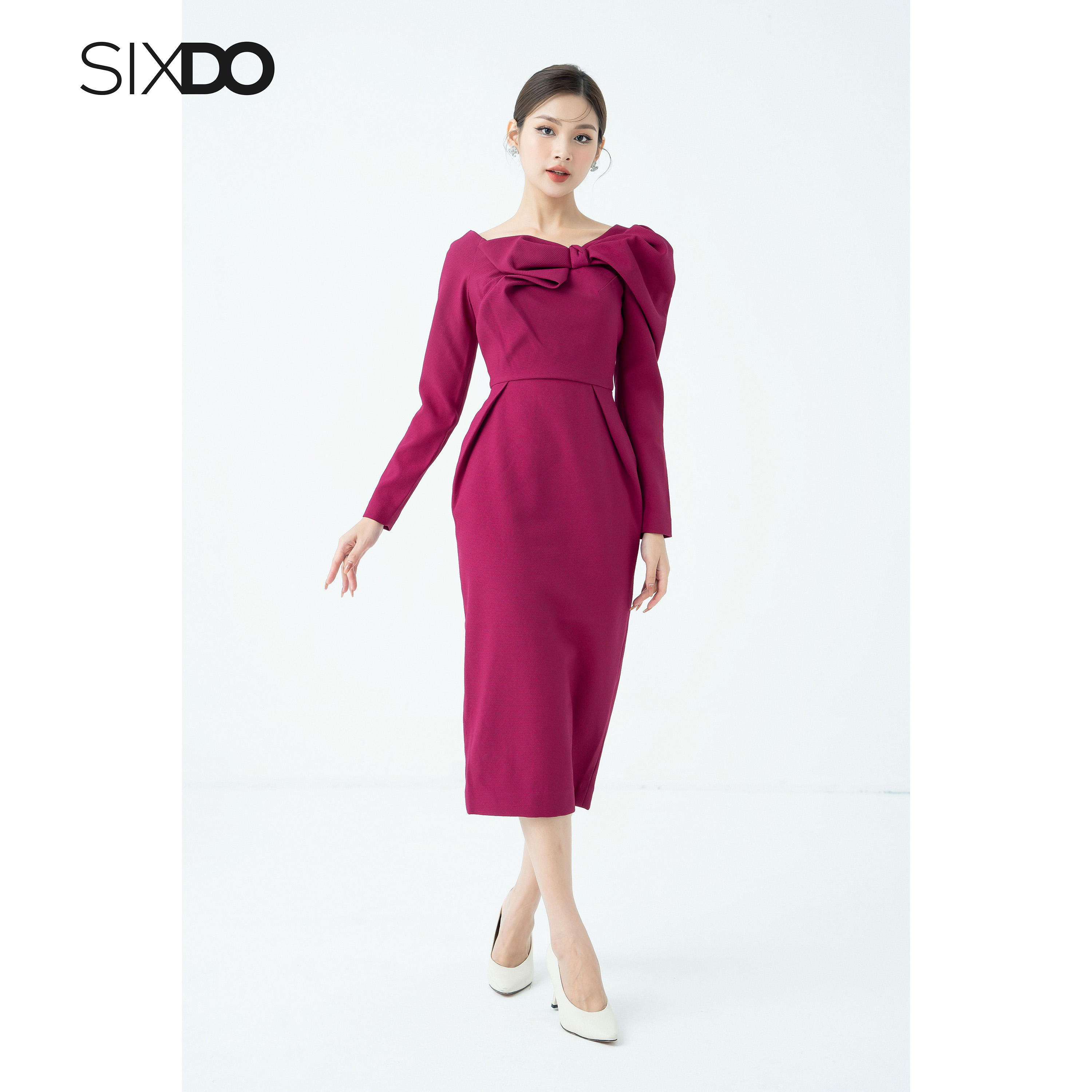 Đầm lệch vai cổ nơ thời trang SIXDO (Bowtie Midi Raw Dress)