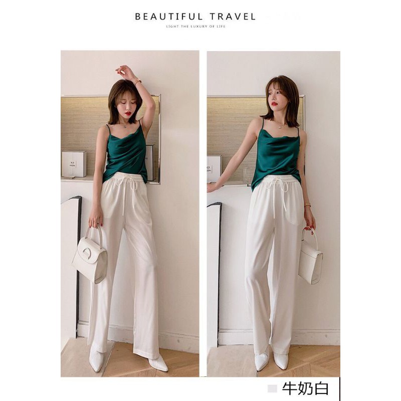 Quần Lụa Suông Ống Rộng Vải Lụa Satin Lưng Thun