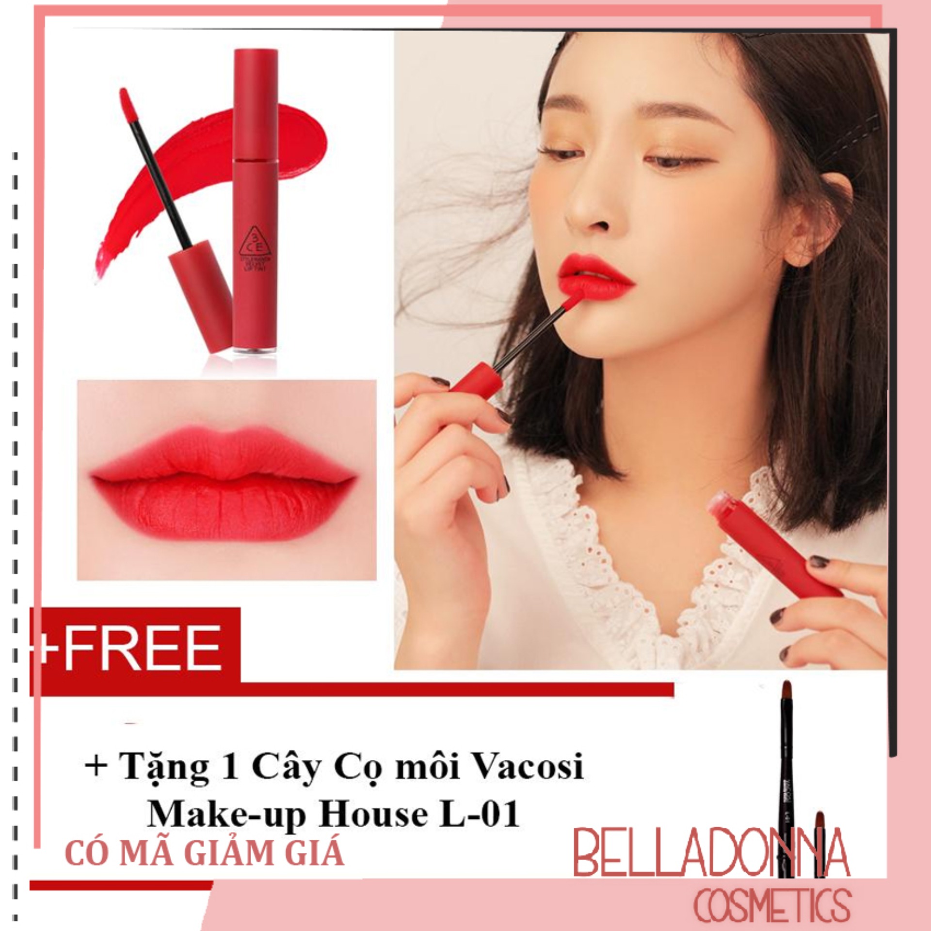 [HCM]Son kem lì 3CE Velvet Lip Tint  #Best Ever - Tone đỏ thuần + Tặng 1 Cây Cọ môi Vacosi Make-up House L-01