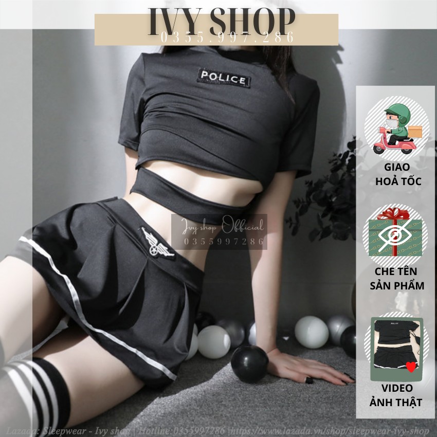 Cosplay tiếp viên sexy - đồng phục tiếp viên bộ đồ ngủ cosplay p0lice đen - ivyshop