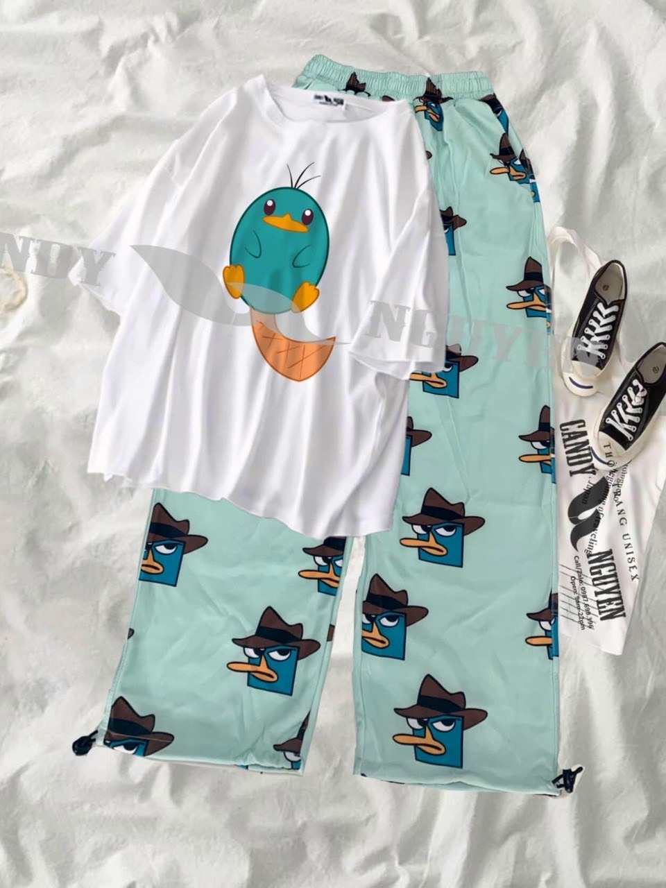 Sét bộ thun in hình thú mỏ vịt perry siêu cute TTSLA0429