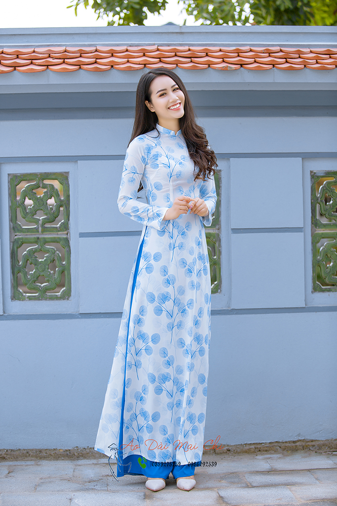 Bộ áo dài lụa may sẵn bóng xanh HB03 (Cả bộ áo kèm quần)