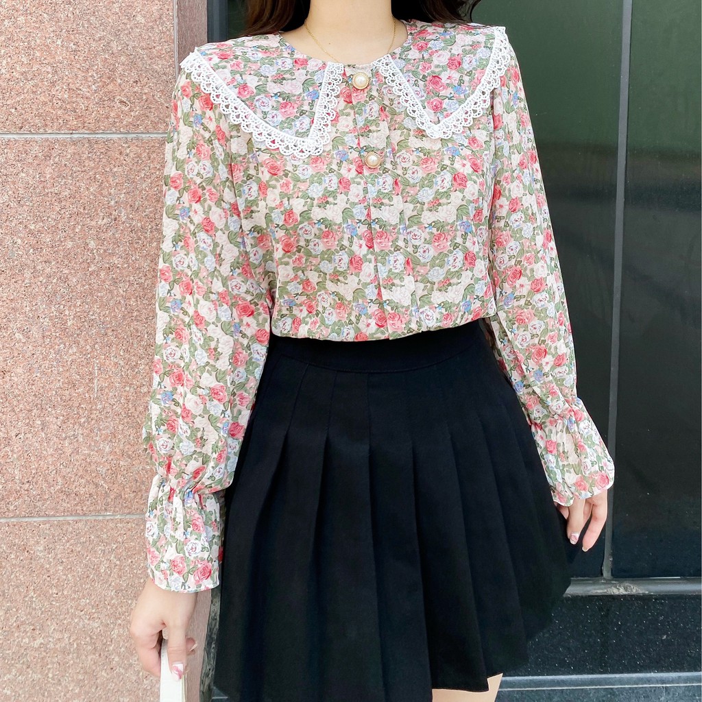 ❌FREESHIP-ÁO SƠ MI NỮ CÔNG SỞ CỔ LÁ SEN PHỐI REN (MS117)