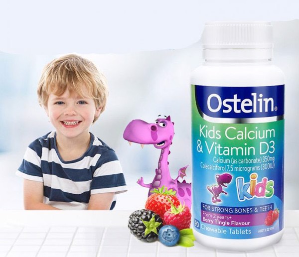 Kẹo nhai bổ sung canxi va d3 Ostelin Kids Calcium & Vitamin D3 90 Tables phát triển chiều cao vị dâu
