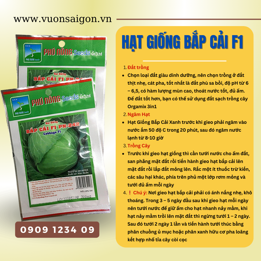 Hạt Giống Bắp Cải F1 Phú Nông (Vườn Sài Gòn - Vuon Sai Gon)