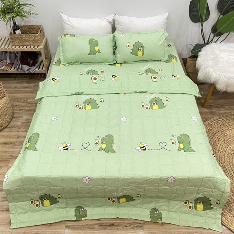 Trọn bộ 5 món mền chần gòn - ga - gối - gối ôm khủng long bơ 1m8x2m và 1m6x2m