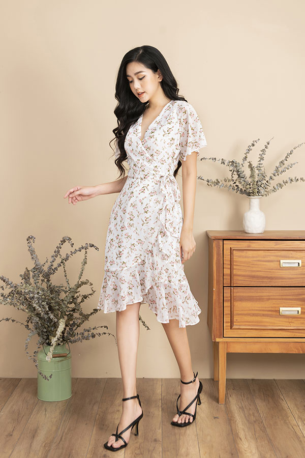 Đầm hoa nhí, váy hoa nhí thắt chéo tà trắng e1069