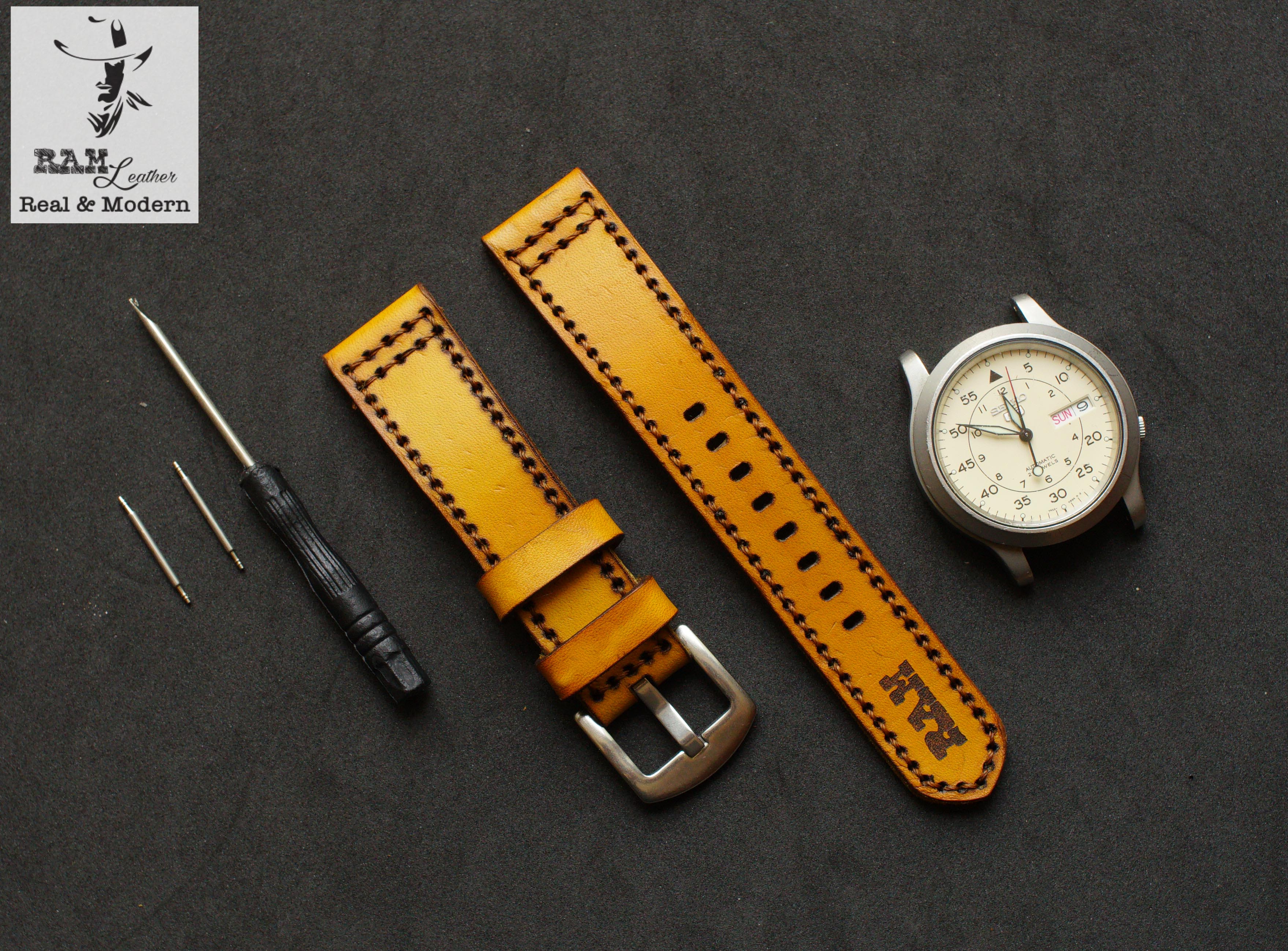 Dây da đồng hồ Siêu bền Da Bò Vegtan Ý RAM Leather Pilot Vàng Hàng Chính Hãng RAM Leather