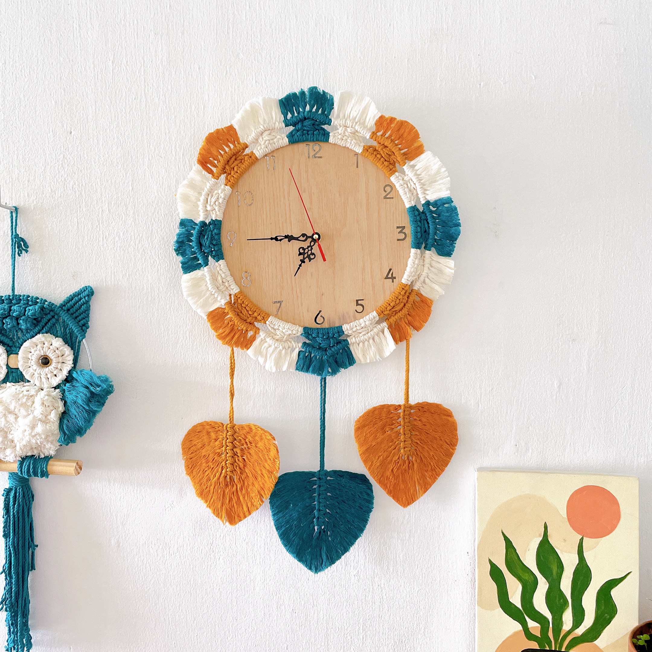 Đồng hồ macrame treo tường trang trí nội thất phong cách Boho nhiều mẫu chọn lựa