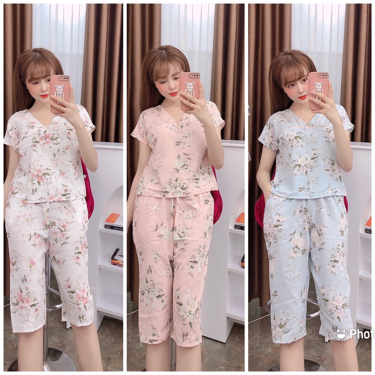Bộ lụa mango mặc nhà bộ lụa lửng mango cổ V mặc nhà