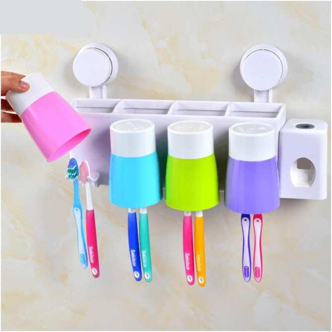 Giá để bàn chải đánh răng kèm 3 cốc xinh xắn, bộ dụng cụ lấy kem đánh răng tự động, gia de ban chai danh râng kem 3 coc