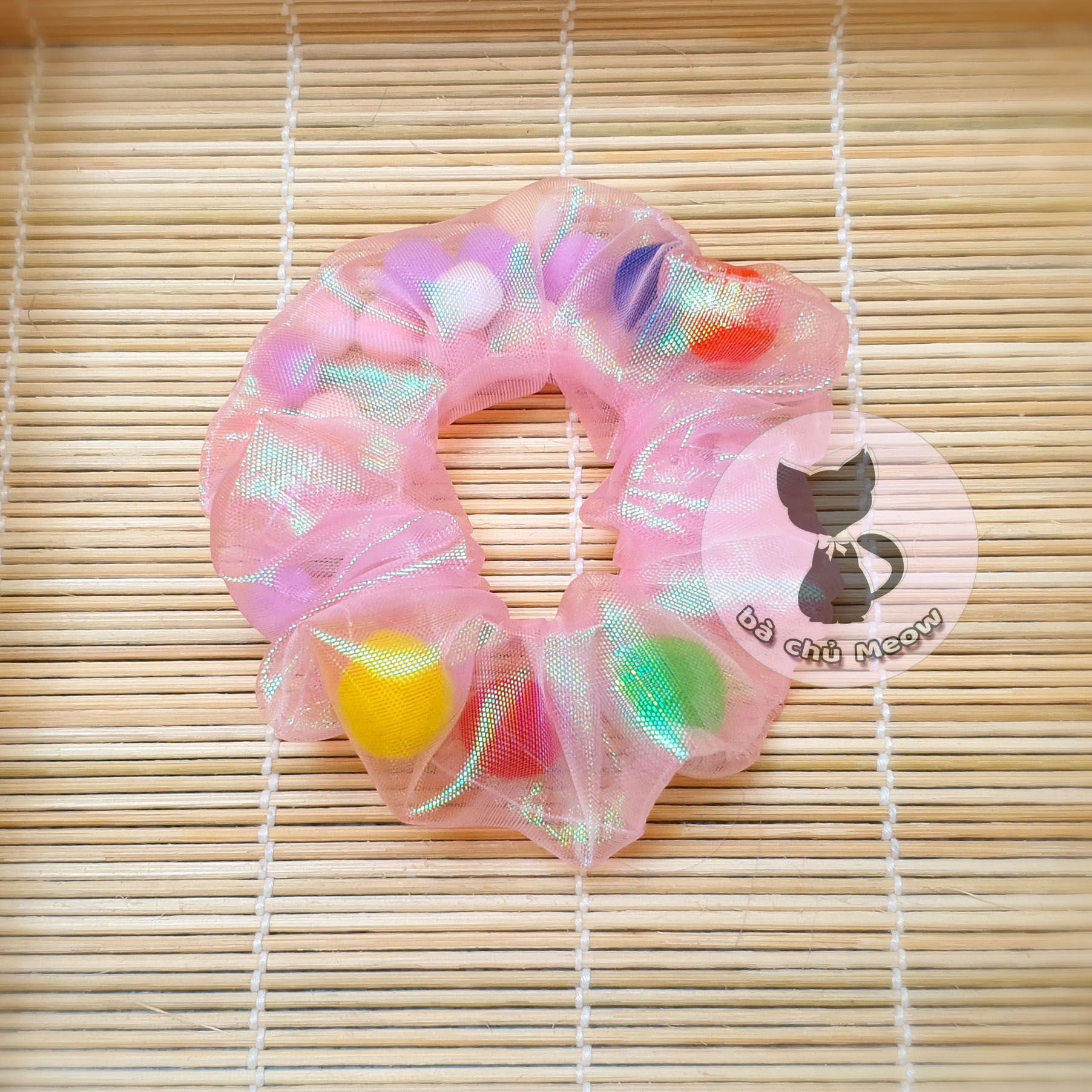 Scrunchies Pom Pom - Đồ Cột Tóc Hạt Lăn Lóc - Dây Cột Tóc Voan Dạ Quang