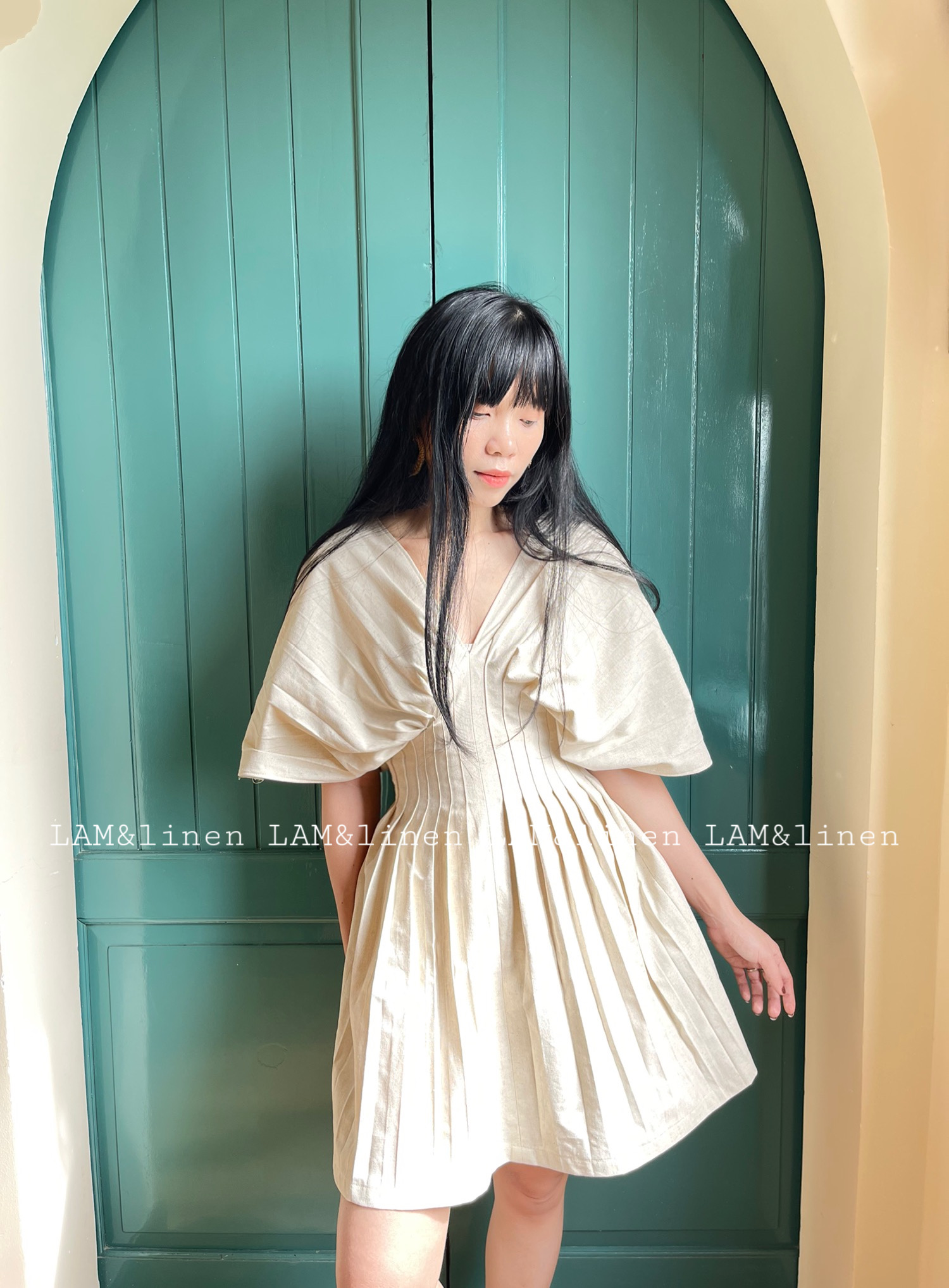 Đầm xoè xếp ly eo vải Linen