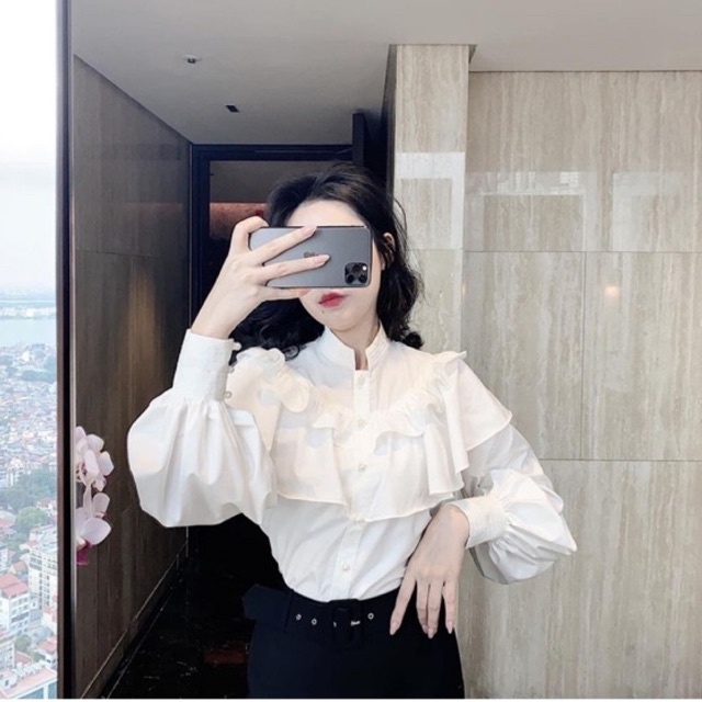 Áo sơ mi nút ngọc bèo tầng cổ trụ_006