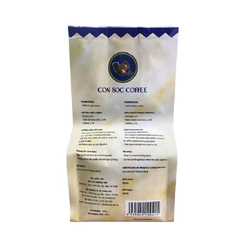 Cà phê hạt Con Sóc Arabica - Cà phê rang phù hợp cho pha phin( Bịch 200gam)