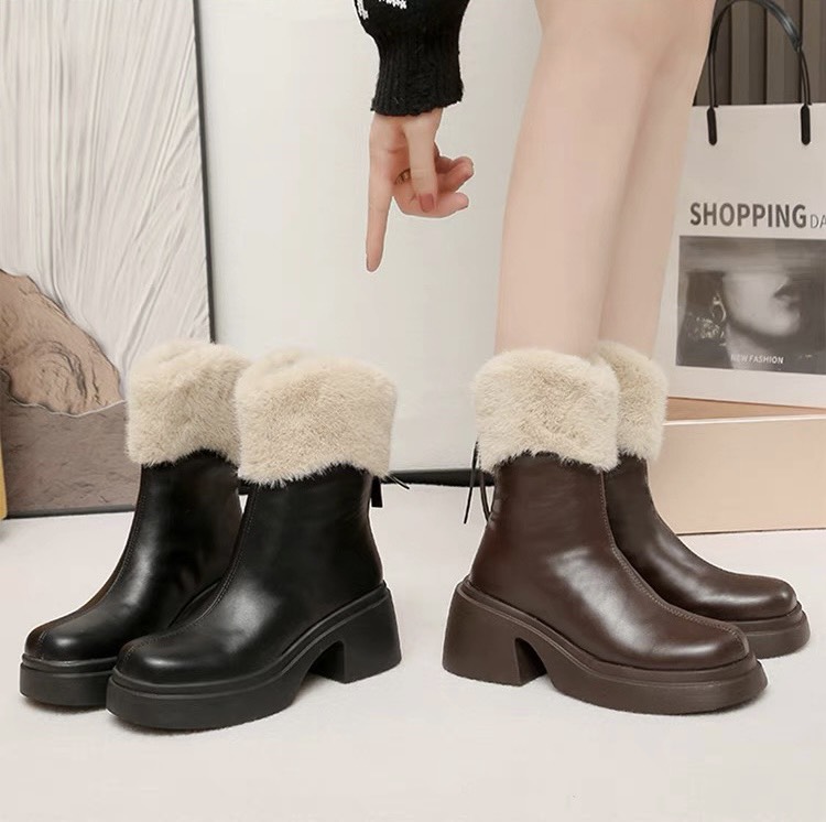 Bốt cổ lửng lông thỏ kéo khoá chất da cao cấp 7cm Lops