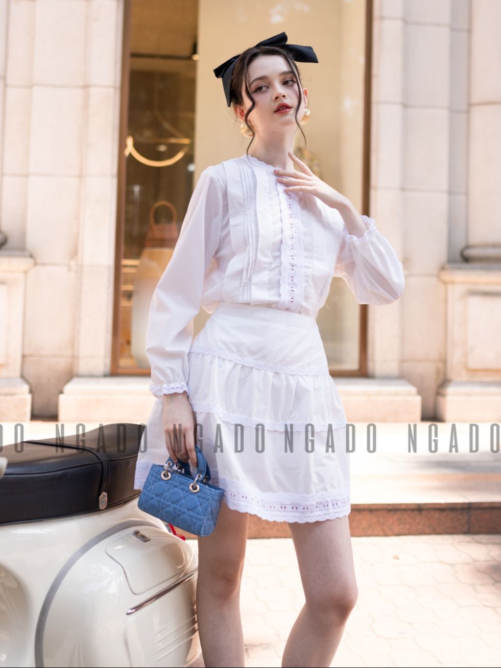 Set áo váy phối ren dài tay NGADO