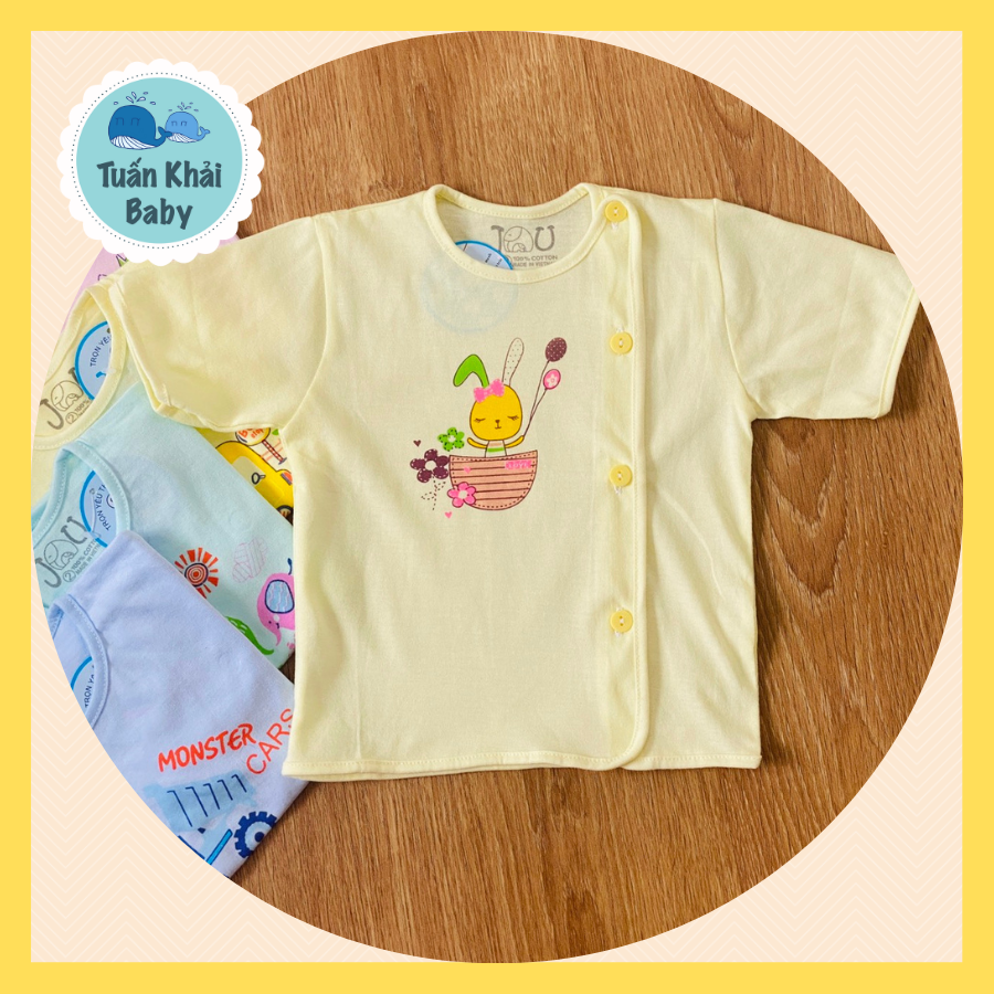 Túi 5 Áo sơ sinh cotton JOU | Mẫu Tay ngắn Cài nút lệch màu| Size 1 -3 cho bé sơ sinh - 9 kg| Chất vải thun cotton 100% xịn đẹp mềm họa tiết xinh |Hàng Việt Nam | Quần sơ sinh | Áo sơ sinh | Đồ sơ sinh