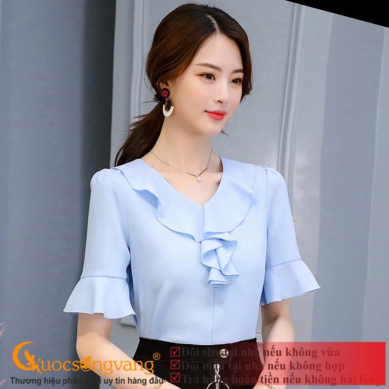 Áo sơ mi công sở nữ xanh ngọc áo kiểu nữ tay loe GLA261 Cuocsongvang