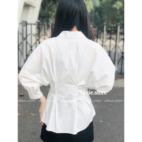 [Hoàn Tiền 25-27/4]áo sơ mi nữ trắng công sở nhúm eo dáng xòe cá tính