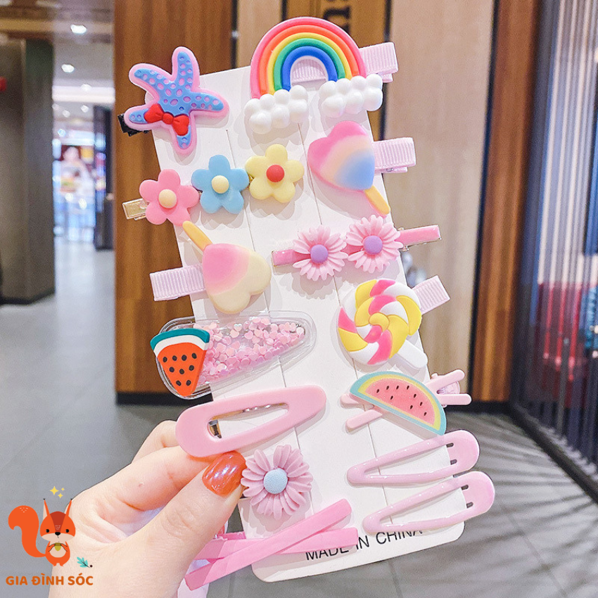 Set 14 kẹp tóc cho bé họa tiết dễ thương