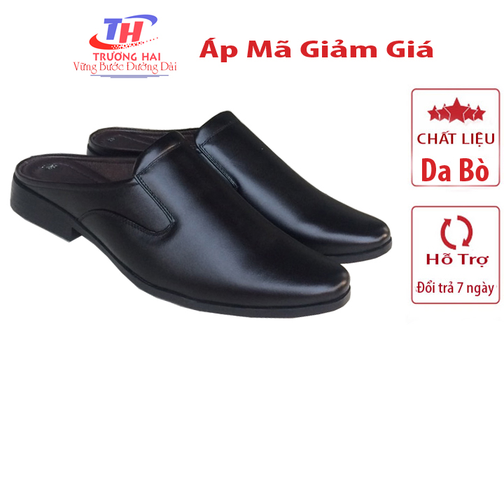 Dép nam bít mũi đen  Trường hải đế cao 3.5cm da bò cao cấp BM326