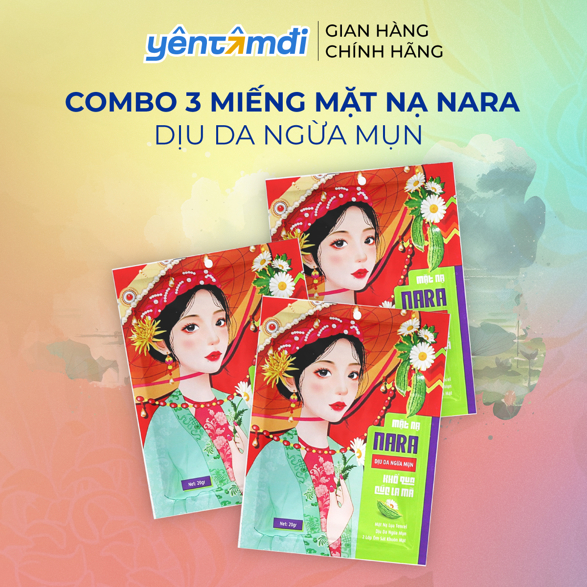 COMBO 3Mặt Nạ Lụa Giảm Mụn Mờ Thâm Dịu Da NARA Khổ qua Cúc La Mã