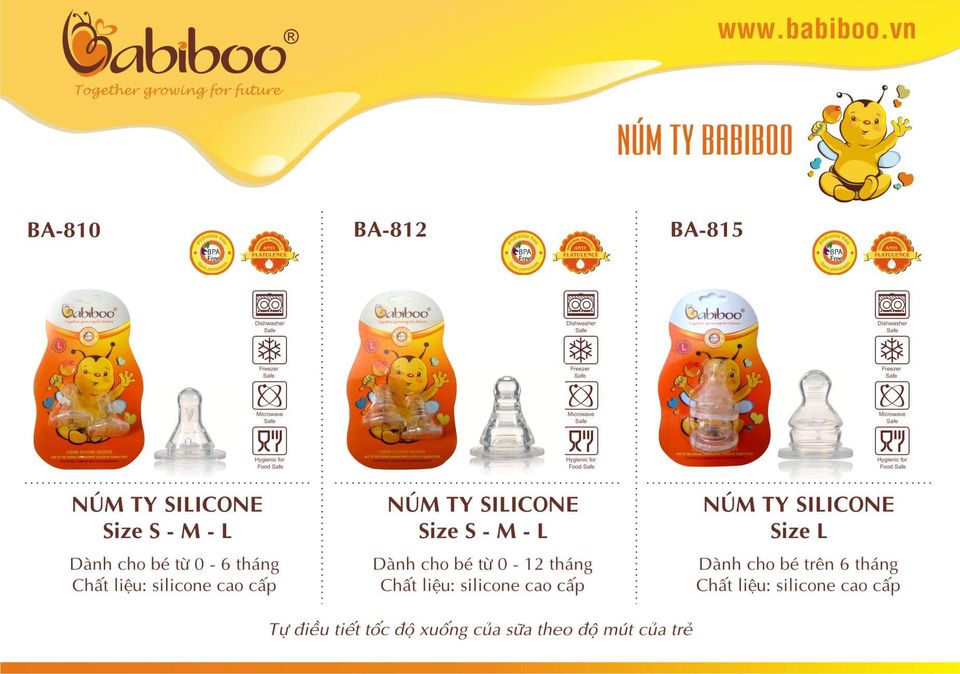 Núm ty silicone siêu mềm cổ hẹp BABIBOO - BA812