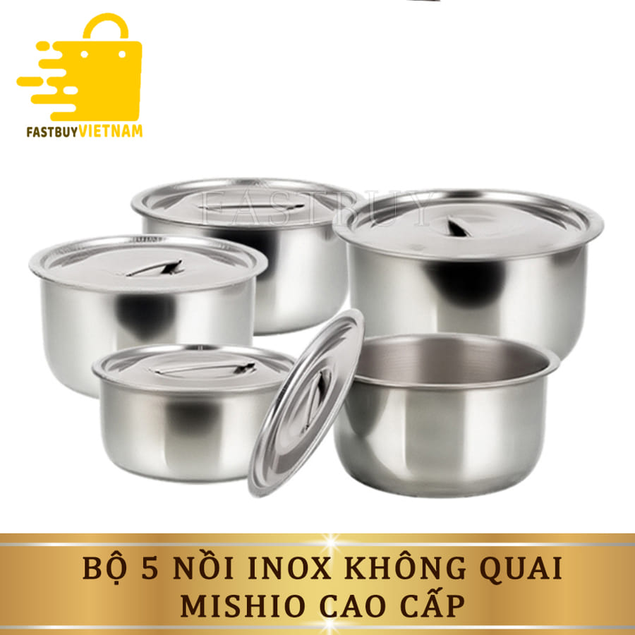 Bộ 5 nồi inox cao cấp dùng cho mọi loại bếp, nồi không quai gọn gàng