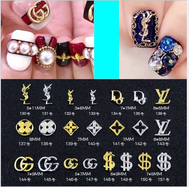 Túi 50 charm đính móng kim loại mẫu thương hiệu trang trí móng
