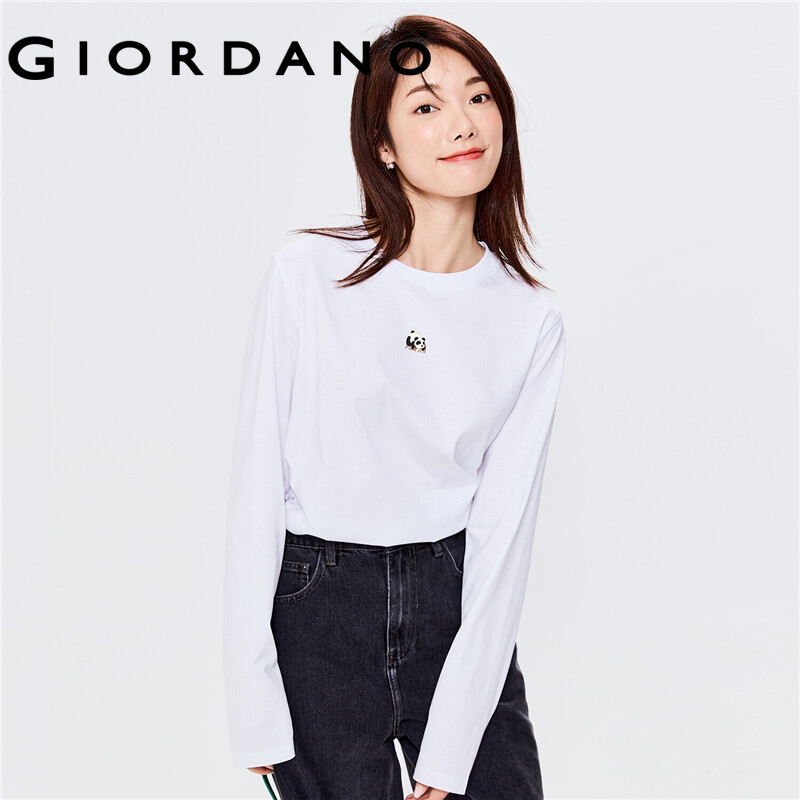 Áo thun nữ T-shirt cổ tròn tay áo dài chất 100% vải cotton phối hình cá tính thời trang trẻ trung thường ngày GIORDANO Free Shipping 05322833