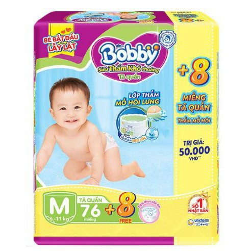 Tã Quần Bobby M76 Trà Xanh tặng 6 miếng