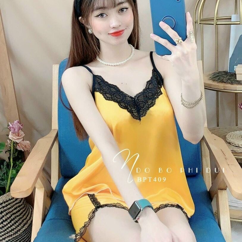 Bộ đồ ngủ Sexy 2 dây phi lụa phối bèo dễ thương Freesize dưới 57kg