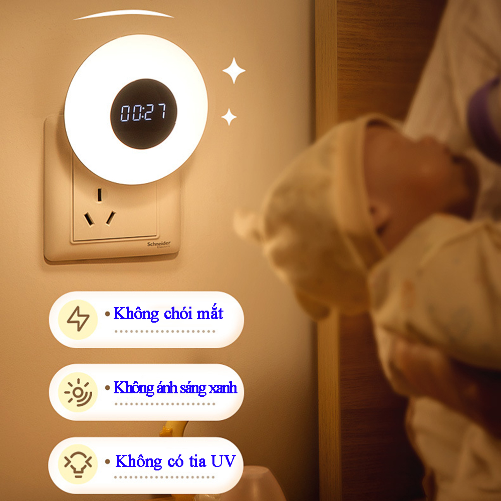 Đèn ngủ điều khiển từ xa hình tròn tích hợp đồng hồ xem giờ ánh sáng 3 màu, điều chỉnh tăng giảm độ sáng 10 cấp độ